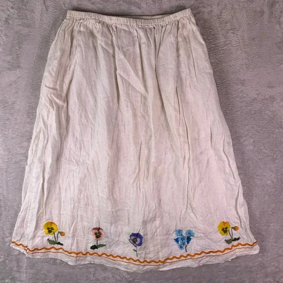VRG GRL Womens White 100% Linen Floral Embroidered Midi Skirt with Pockets Sz 14 - Picture 5 of 10